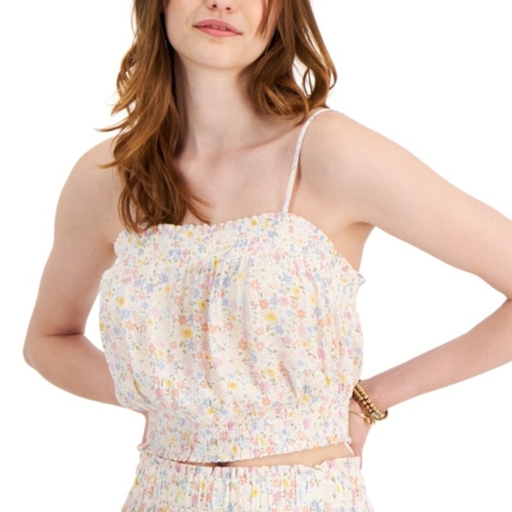 NWT Hippie Rose Juniors Printed Smocked Tank Top Ivory Floral Size XL